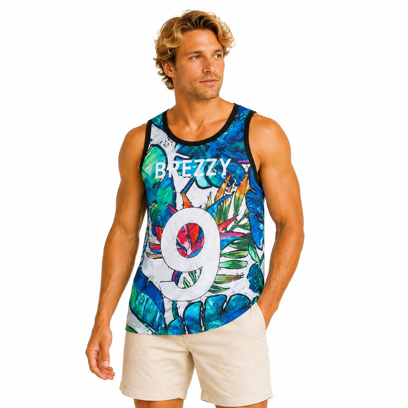 Men's Breezy 99 Tropical Graphic Tank Top - 白底半身 2 - img_mqf2enms_497a0367