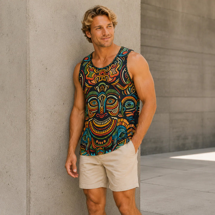 Men's Colorful Tiki Mask Print Tank Top - 街拍 1 - img_mqf6c6eg_56c662d0