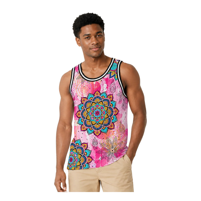 Men's Pink Mandala Floral Print Tank Top - 白底半身 2 - img_mqf6t0wl_d9929bf1