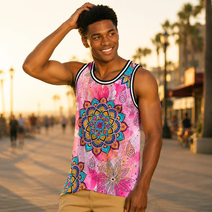 Men's Pink Mandala Floral Print Tank Top - 街拍 3 - img_mqf6w4nf_177de0d4