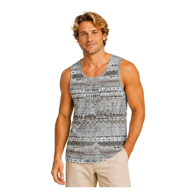 Men's Grey Aztec Stripe Print Tank Top - 白底半身 1 - img_mqf7dsvm_86139407