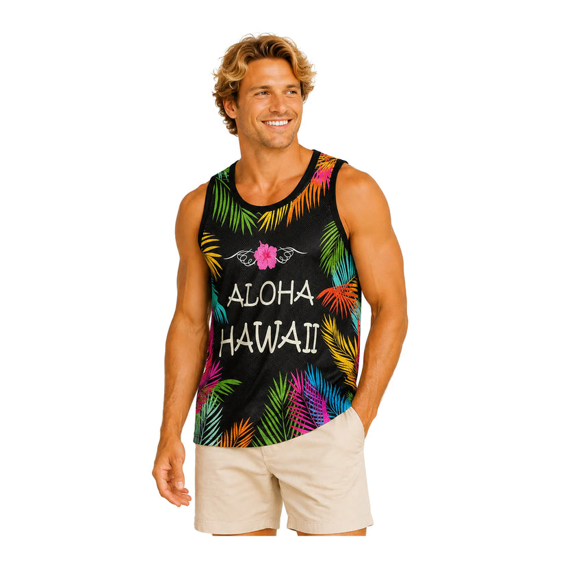 Men's Black Aloha Hawaii Tropical Tank Top - 白底半身 2 - img_mqf807i6_6bf82750