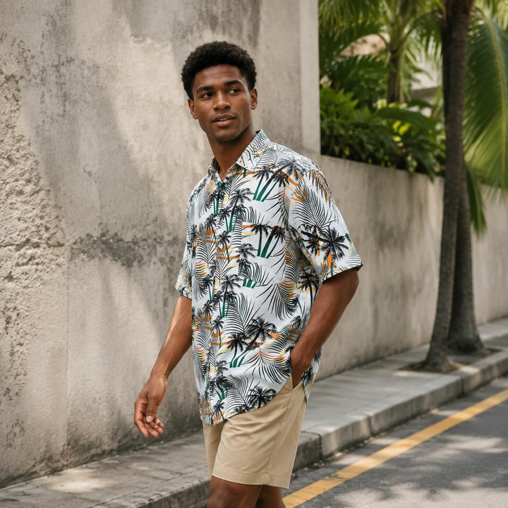 Men's Tropical Palm Tree Print Hawaiian Shirt, Summer Short Sleeve Casual Button-Down Shirt - 街拍 2 - img_mqf87uco_31b2ab1f