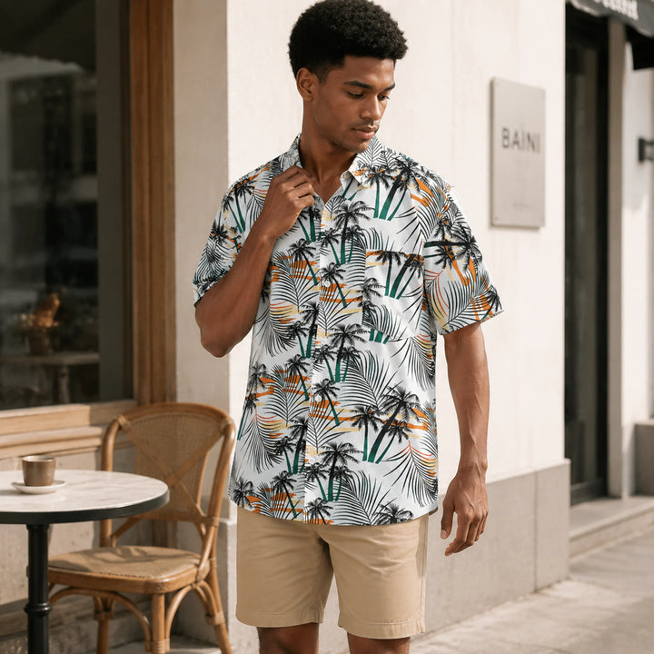 Men's Tropical Palm Tree Print Hawaiian Shirt, Summer Short Sleeve Casual Button-Down Shirt - 街拍 3 - img_mqf899gn_1bbedc87