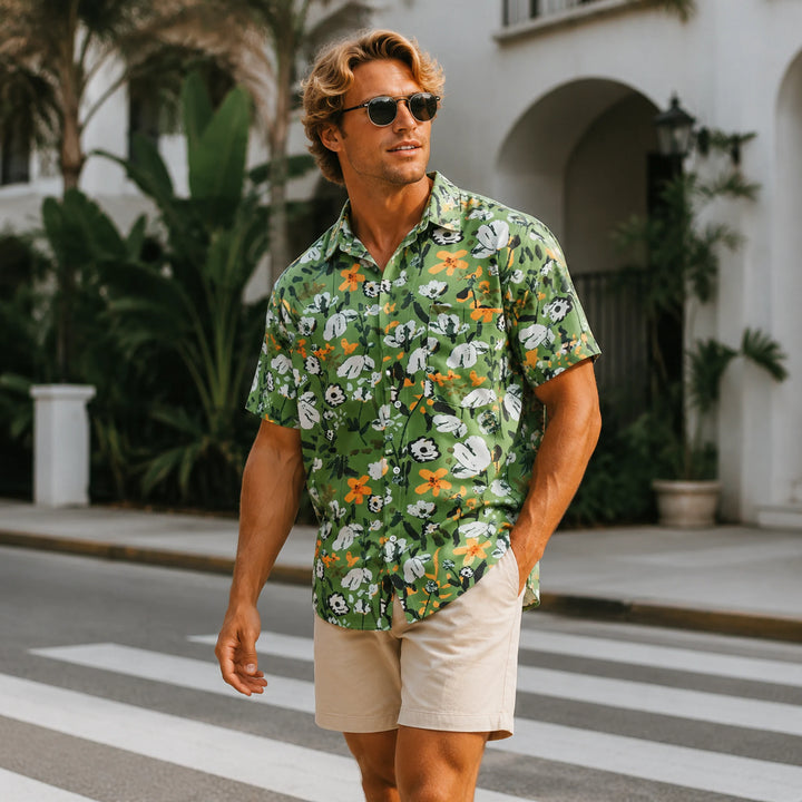 Men's Green Botanical Print Hawaiian Shirt, Summer Short Sleeve Casual Button-Down Shirt - 街拍 3 - img_mqf8mo9t_e6b1ef2b
