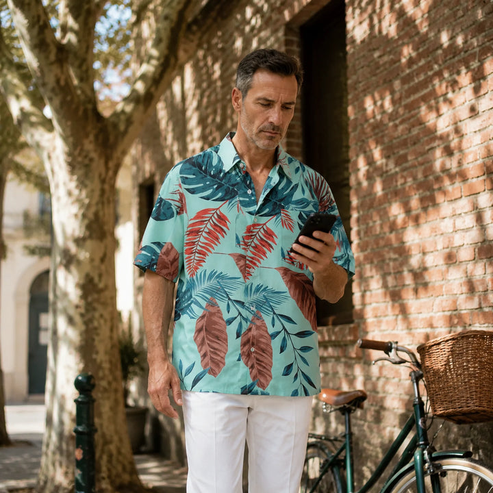 Men's Mint Tropical Leaf Print Hawaiian Shirt, Summer Short Sleeve Casual Button-Down Shirt - 街拍 1 - img_mqf8pzj7_bd141073