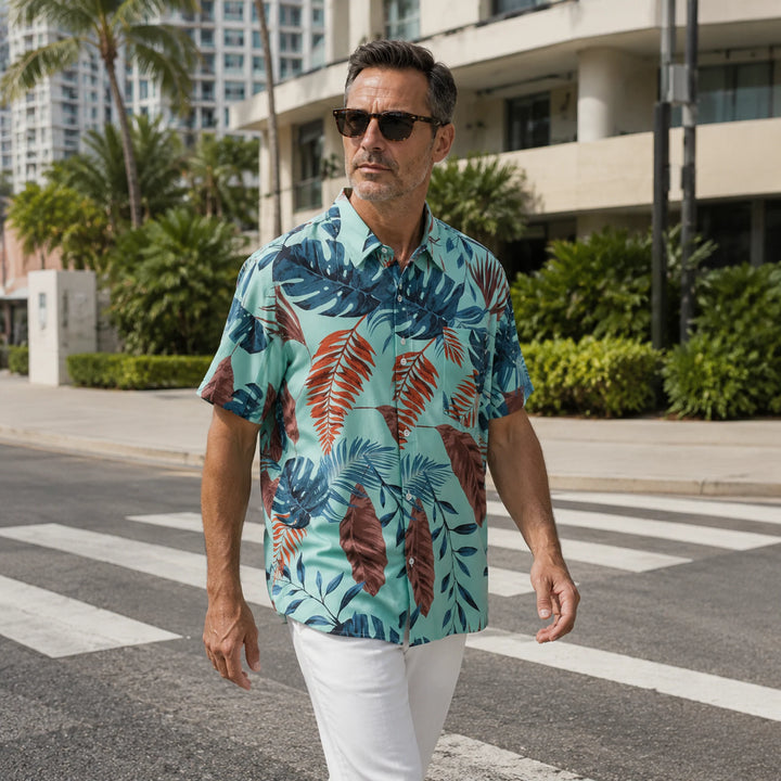 Men's Mint Tropical Leaf Print Hawaiian Shirt, Summer Short Sleeve Casual Button-Down Shirt - 街拍 3 - img_mqf8r54v_ceed2e89