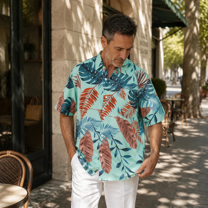 Men's Mint Tropical Leaf Print Hawaiian Shirt, Summer Short Sleeve Casual Button-Down Shirt - 街拍 2 - img_mqf8rann_b8cb09ab