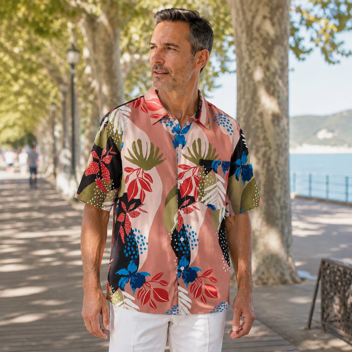 Men's Abstract Tropical Print Hawaiian Shirt, Summer Short Sleeve Casual Button-Down Shirt - 街拍 2 - img_mqf8w9zc_d94ad235