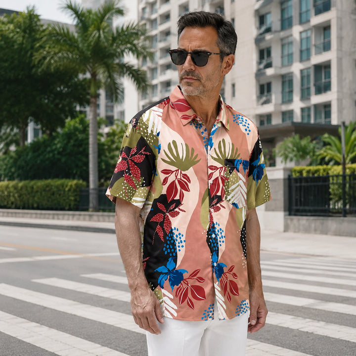 Men's Abstract Tropical Print Hawaiian Shirt, Summer Short Sleeve Casual Button-Down Shirt - 街拍 3 - img_mqf8wb0j_ae7d7161