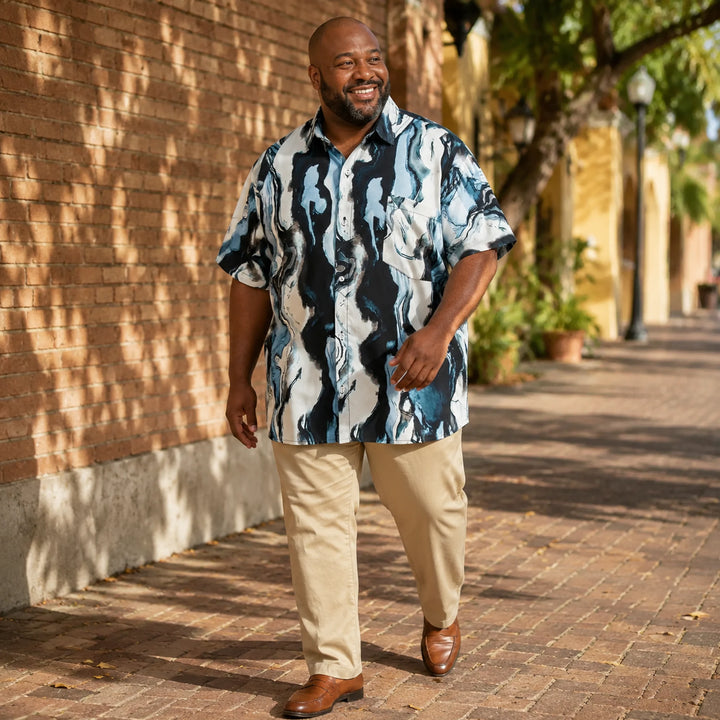 Men's Abstract Ocean Wave Print Hawaiian Shirt, Summer Short Sleeve Casual Button-Down Shirt - 街拍 1 - img_mqf8zjqx_56d1665a