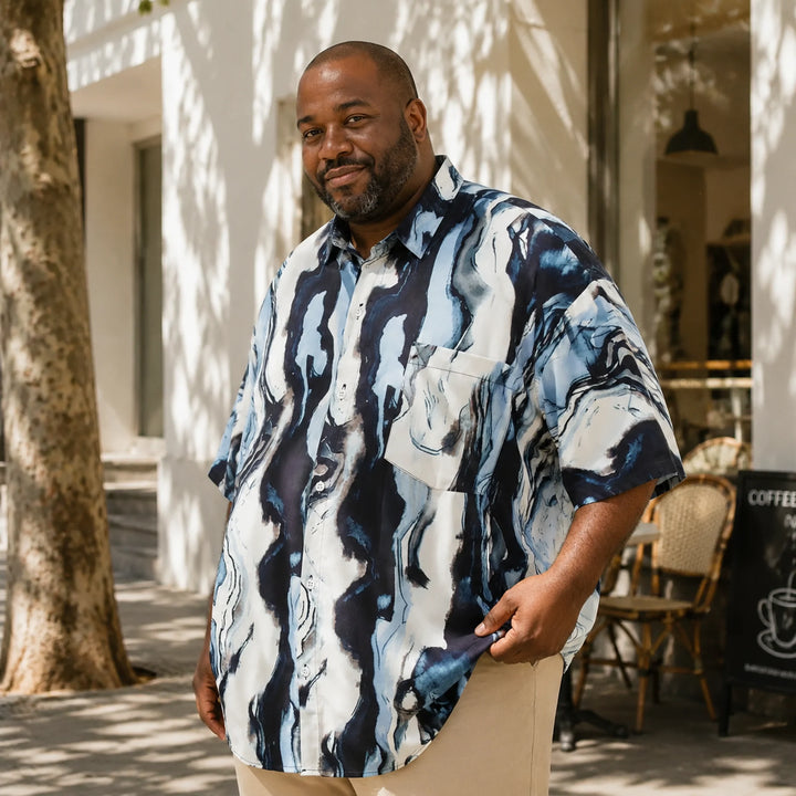 Men's Abstract Ocean Wave Print Hawaiian Shirt, Summer Short Sleeve Casual Button-Down Shirt - 街拍 2 - img_mqf90k6e_442e1e28