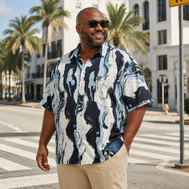 Men's Abstract Ocean Wave Print Hawaiian Shirt, Summer Short Sleeve Casual Button-Down Shirt - 街拍 3 - img_mqf90q6c_26eb499a