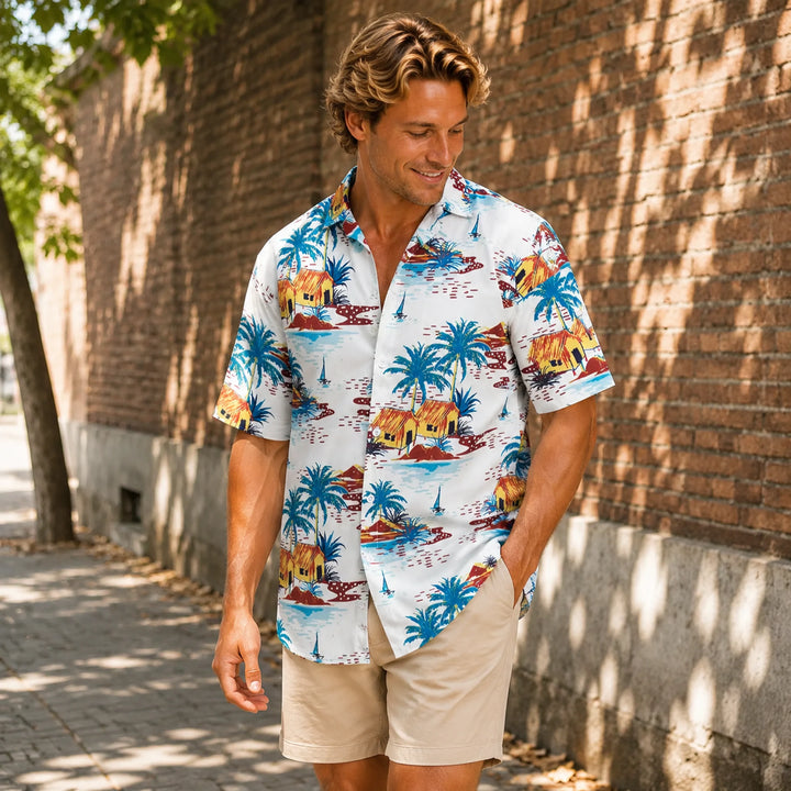 Men's Tropical Island Hut Print Hawaiian Shirt, Summer Short Sleeve Casual Button-Down Shirt - 街拍 1 - img_mqf94qn4_e2b75df7