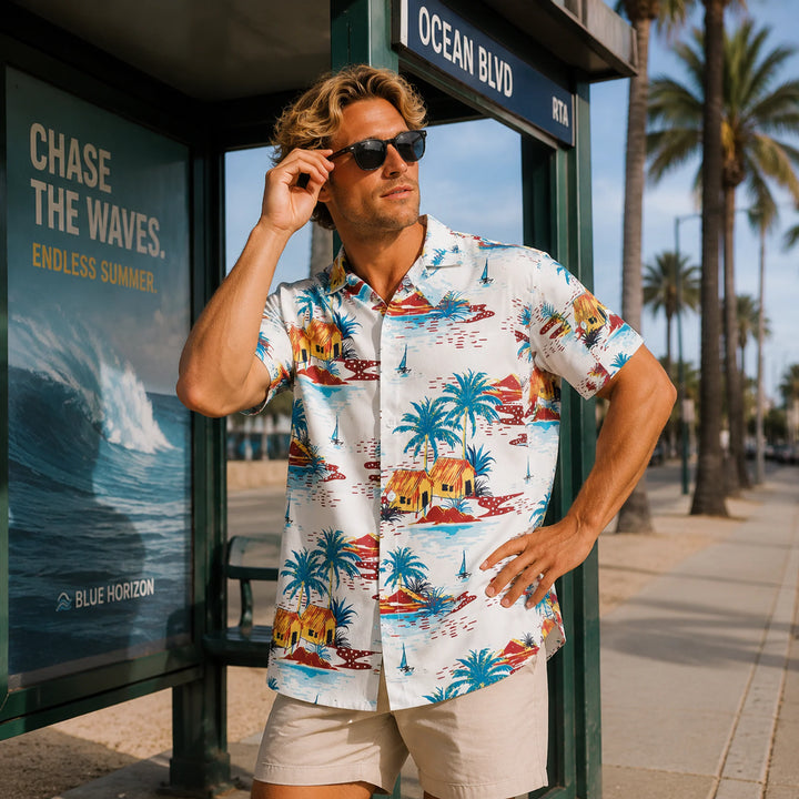 Men's Tropical Island Hut Print Hawaiian Shirt, Summer Short Sleeve Casual Button-Down Shirt - 街拍 3 - img_mqf962lx_6f50bb83