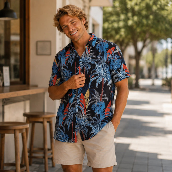 Black Tropical Palm Tree & Surfboard Print Hawaiian Shirt, Summer Short Sleeve Button Down Beach Shirt - 街拍 3 - img_mqf9brex_76761d39