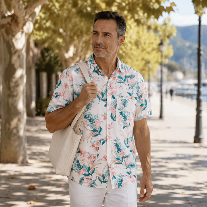 White Tropical Floral & Leaf Print Hawaiian Shirt, Summer Short Sleeve Button Down Beach Shirt - 街拍 2 - img_mqf9l4wq_dec28fe4