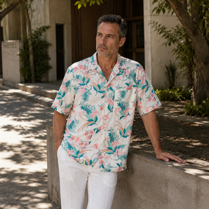 White Tropical Floral & Leaf Print Hawaiian Shirt, Summer Short Sleeve Button Down Beach Shirt - 街拍 3 - img_mqf9l7a8_87d938be