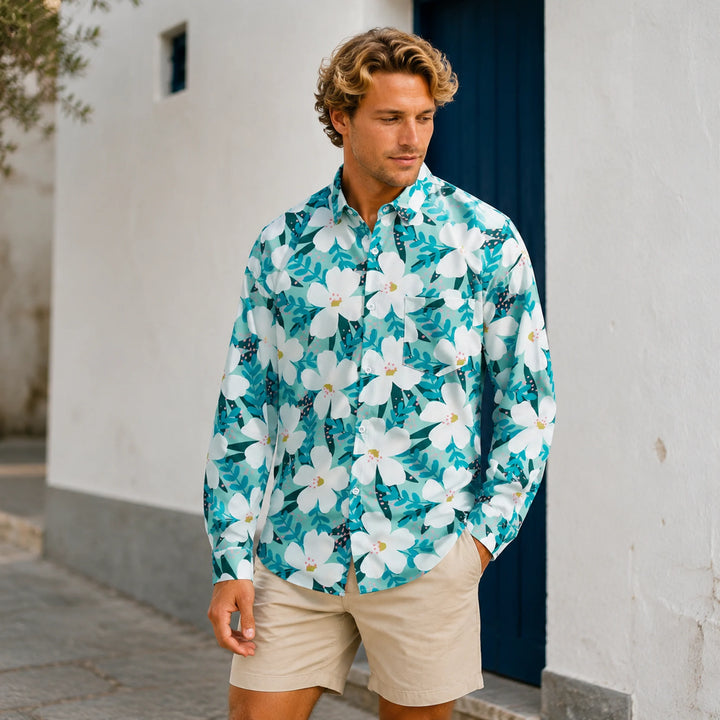 Men's Floral Print Long Sleeve Hawaiian Shirt Casual Beach Button-Down Blouse - 街拍 1 - img_mqfdv1fq_b0dac84e