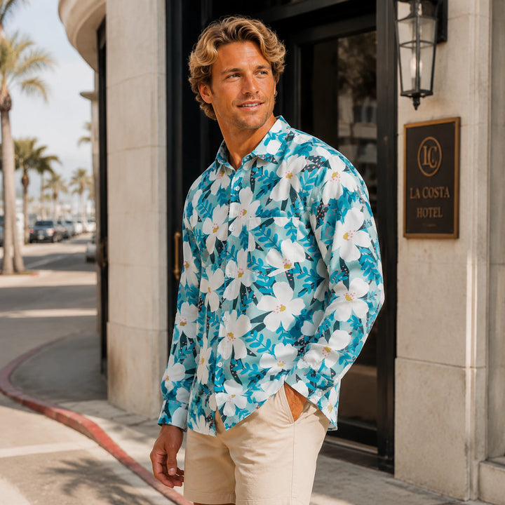 Men's Floral Print Long Sleeve Hawaiian Shirt Casual Beach Button-Down Blouse - 街拍 2 - img_mqfdw2cb_c9c0219e