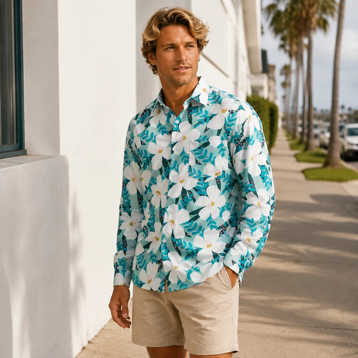 Men's Floral Print Long Sleeve Hawaiian Shirt Casual Beach Button-Down Blouse - 街拍 3 - img_mqfdwb07_a2ca5646