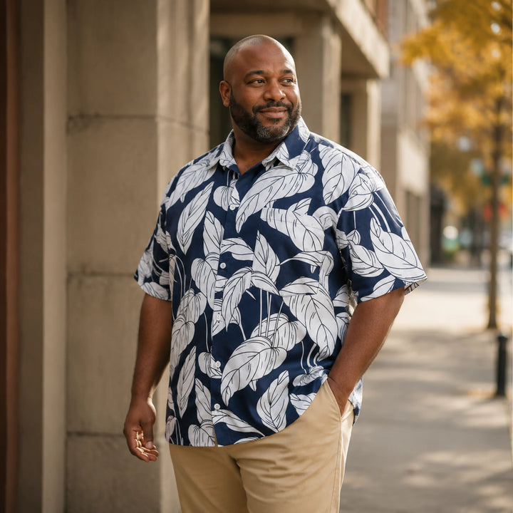 Men's Navy Blue & White Leaf Print Hawaiian Shirt, Summer Short Sleeve Casual Button-Down Shirt - 街拍 1 - img_mqfeza1v_95070fcf