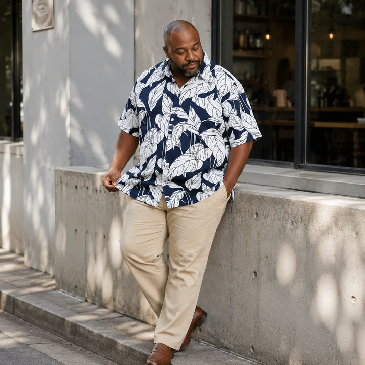 Men's Navy Blue & White Leaf Print Hawaiian Shirt, Summer Short Sleeve Casual Button-Down Shirt - 街拍 3 - img_mqff0lef_68f44ec1