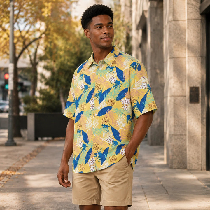 Yellow Tropical Floral & Palm Leaf Print Hawaiian Shirt, Summer Short Sleeve Button Down Beach Shirt - 街拍 1 - img_mqff4kwn_9d0760c6