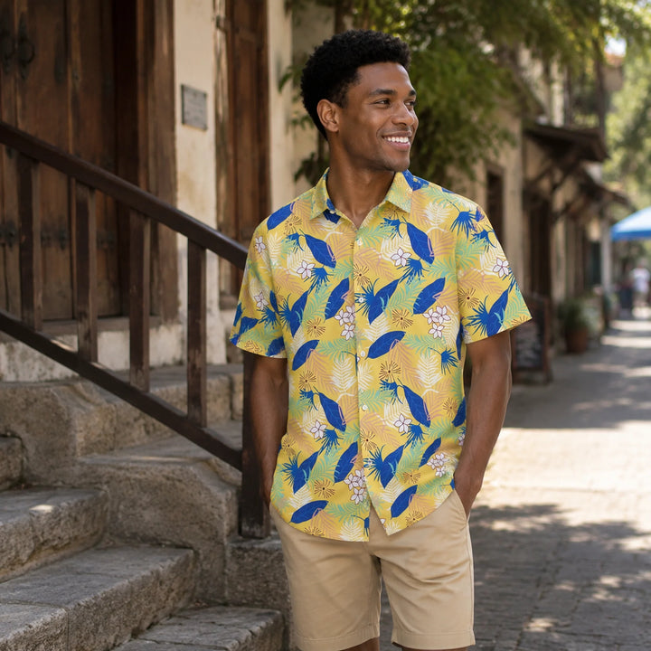Yellow Tropical Floral & Palm Leaf Print Hawaiian Shirt, Summer Short Sleeve Button Down Beach Shirt - 街拍 2 - img_mqff50ps_f9b49047