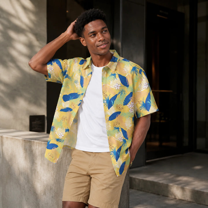 Yellow Tropical Floral & Palm Leaf Print Hawaiian Shirt, Summer Short Sleeve Button Down Beach Shirt - 街拍 3 - img_mqff5v38_5e0a2af7