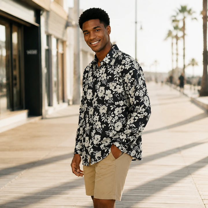 Black and White Floral - Print Long - Sleeve Shirt - 街拍 3 - img_mqffrmx4_94e4b414