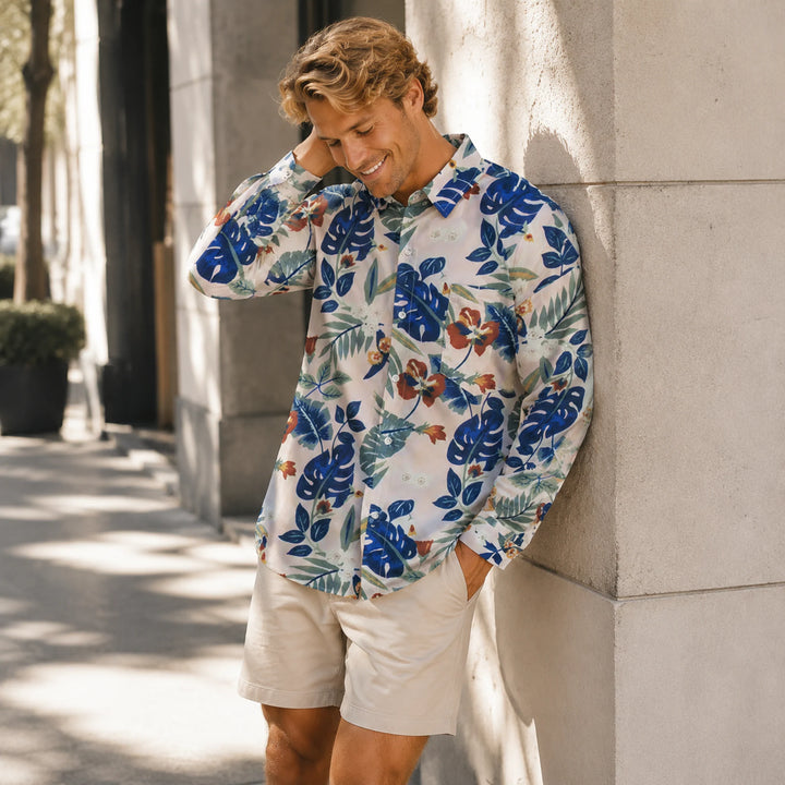 Men's Tropical Floral Print Button-Up Shirt - Casual Long Sleeve Beach Shirt for Summer Vacation - 街拍 2 - img_mqffw28x_79749720