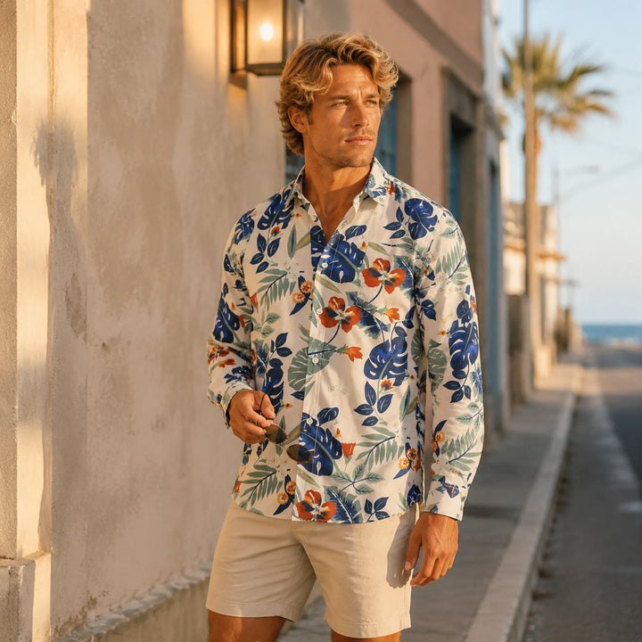 Men's Tropical Floral Print Button-Up Shirt - Casual Long Sleeve Beach Shirt for Summer Vacation - 街拍 3 - img_mqffx83f_d7490e4e