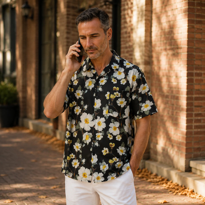 Men's Black & White Floral Print Hawaiian Shirt, Summer Short Sleeve Casual Button Down Shirt - 街拍 1 - img_mqfgnx1v_d55c638d