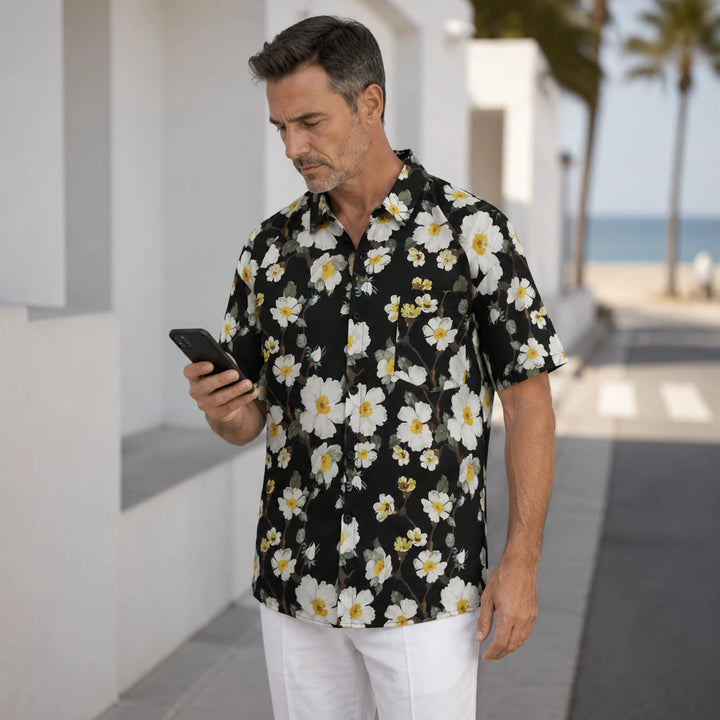 Men's Black & White Floral Print Hawaiian Shirt, Summer Short Sleeve Casual Button Down Shirt - 街拍 2 - img_mqfgp77u_a94cbb33