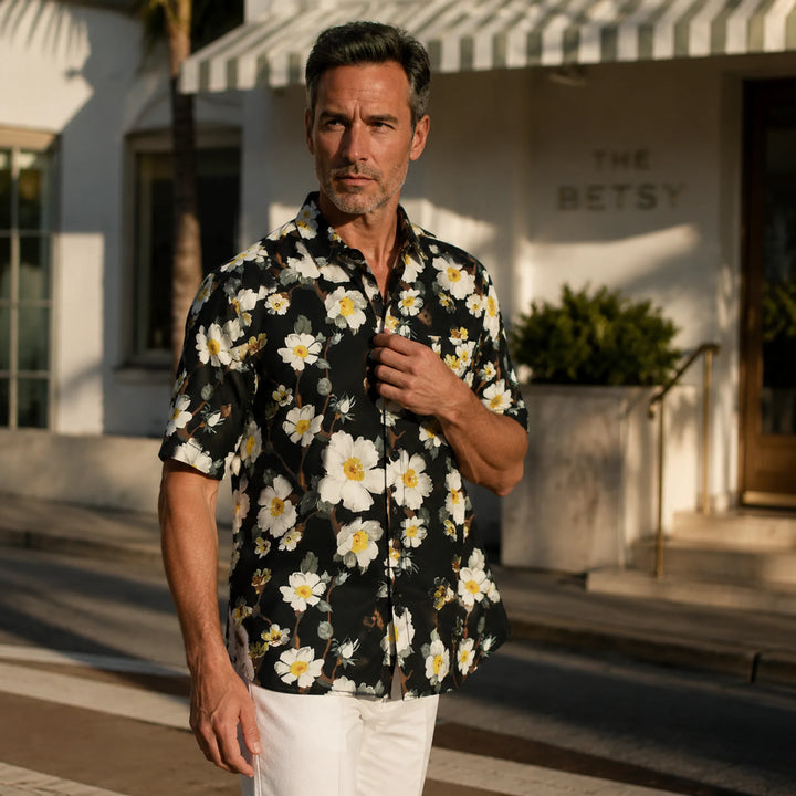 Men's Black & White Floral Print Hawaiian Shirt, Summer Short Sleeve Casual Button Down Shirt - 街拍 3 - img_mqfgpmaj_73030970