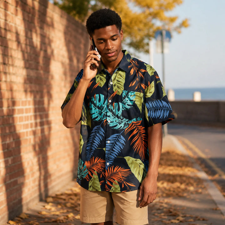 Men's Navy Tropical Leaf Print Hawaiian Shirt, Summer Short Sleeve Casual Button-Down Shirt - 街拍 1 - img_mqfgsg6z_2d656447