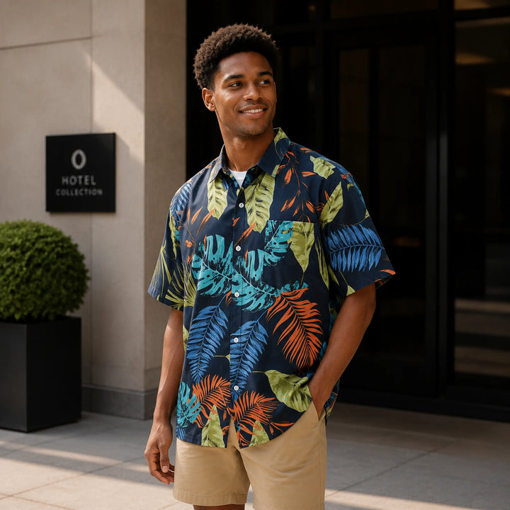 Men's Navy Tropical Leaf Print Hawaiian Shirt, Summer Short Sleeve Casual Button-Down Shirt - 街拍 2 - img_mqfgtchf_273d6049