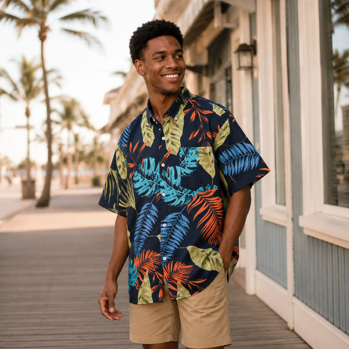 Men's Navy Tropical Leaf Print Hawaiian Shirt, Summer Short Sleeve Casual Button-Down Shirt - 街拍 3 - img_mqfgtjcs_b42b96db