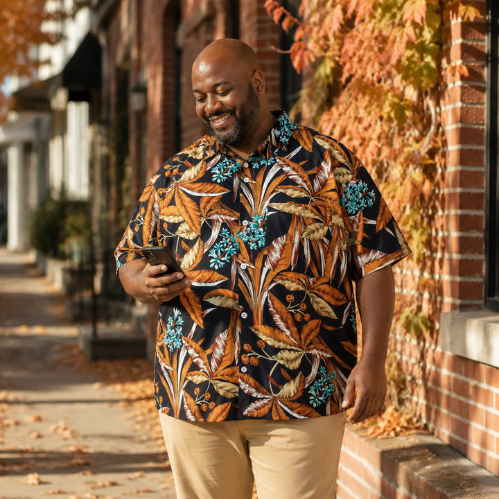 Men's Black Tropical Banana Leaf Print Hawaiian Shirt, Summer Short Sleeve Casual Button-Down Shirt - 街拍 1 - img_mqfgx2t4_51c179d9