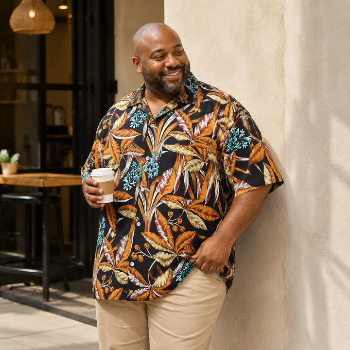 Men's Black Tropical Banana Leaf Print Hawaiian Shirt, Summer Short Sleeve Casual Button-Down Shirt - 街拍 2 - img_mqfgx6nx_a2389a4b