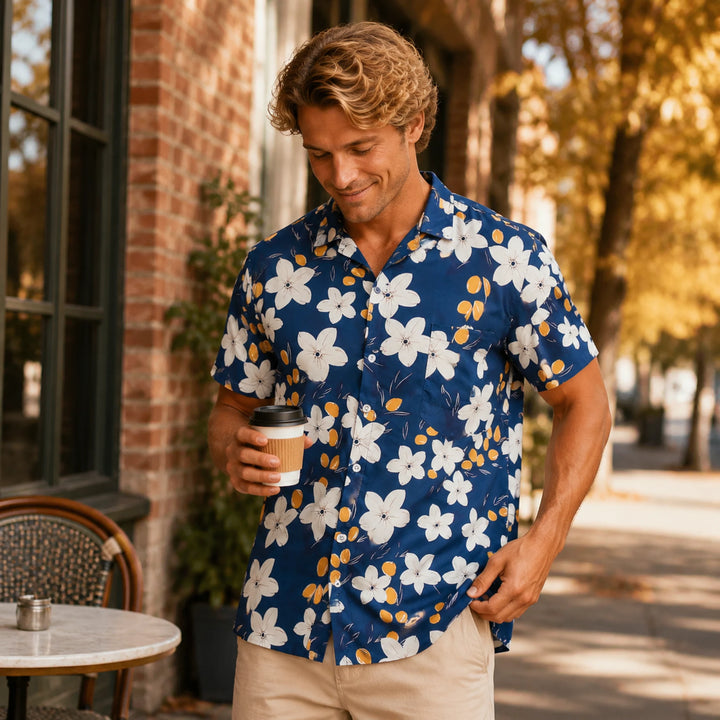 Men's Navy Blue Hibiscus Flower Print Hawaiian Shirt, Summer Short Sleeve Casual Button-Down Shirt - 街拍 1 - img_mqfh1per_2ac19a81