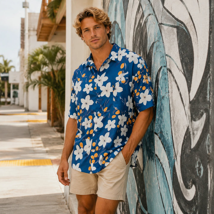 Men's Navy Blue Hibiscus Flower Print Hawaiian Shirt, Summer Short Sleeve Casual Button-Down Shirt - 街拍 2 - img_mqfh2srn_a366967f