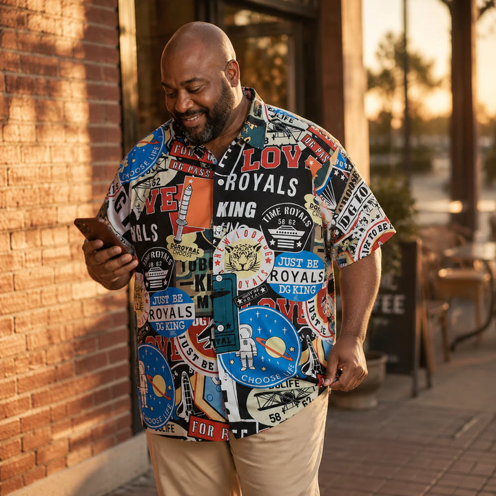 Men's Retro Patchwork Graphic Print Hawaiian Shirt, Summer Short Sleeve Casual Button-Down Shirt - 街拍 1 - img_mqfh6op7_6e449f6a