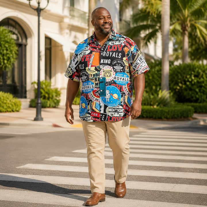 Men's Retro Patchwork Graphic Print Hawaiian Shirt, Summer Short Sleeve Casual Button-Down Shirt - 街拍 2 - img_mqfh7h8w_89b03f5f