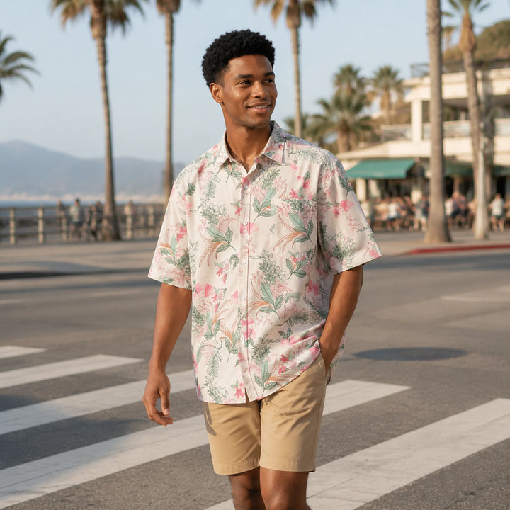 White Pink Tropical Floral Print Hawaiian Shirt, Summer Short Sleeve Button Down Beach Shirt - 街拍 2 - img_mqfhgrtp_498af6ff