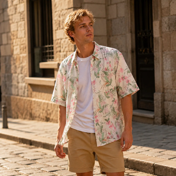 White Pink Tropical Floral Print Hawaiian Shirt, Summer Short Sleeve Button Down Beach Shirt - 街拍 3 - img_mqfhgweh_25813543