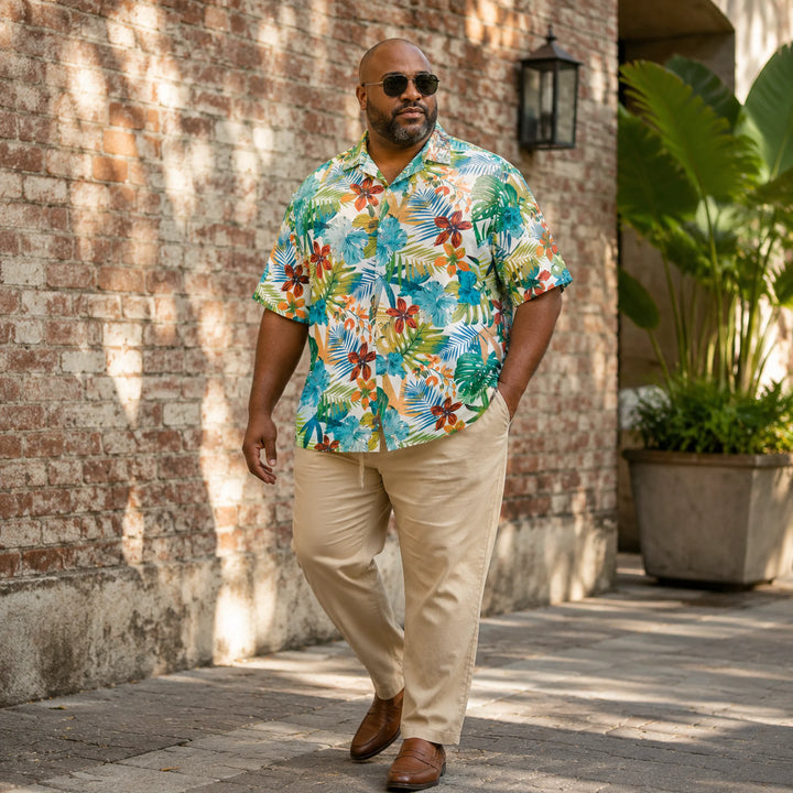 Vibrant Tropical Floral & Palm Leaf Print Hawaiian Shirt, Summer Short Sleeve Button Down Beach - 街拍 1 - img_mqfhk3ld_f95eab00