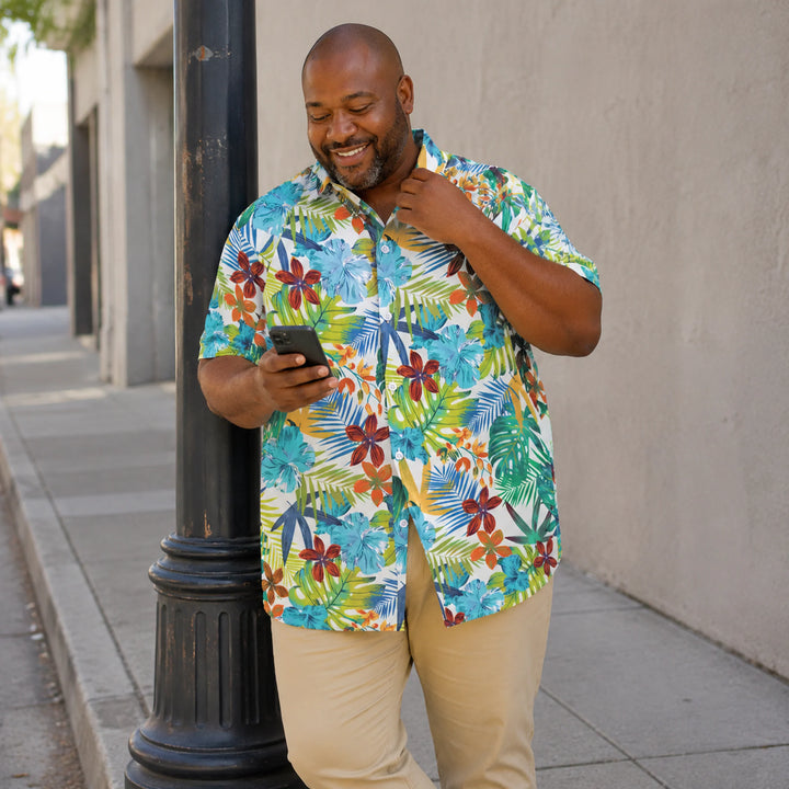 Vibrant Tropical Floral & Palm Leaf Print Hawaiian Shirt, Summer Short Sleeve Button Down Beach - 街拍 2 - img_mqfhlasz_f23b3d4c