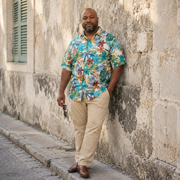Vibrant Tropical Floral & Palm Leaf Print Hawaiian Shirt, Summer Short Sleeve Button Down Beach - 街拍 3 - img_mqfhlspy_bc23624e
